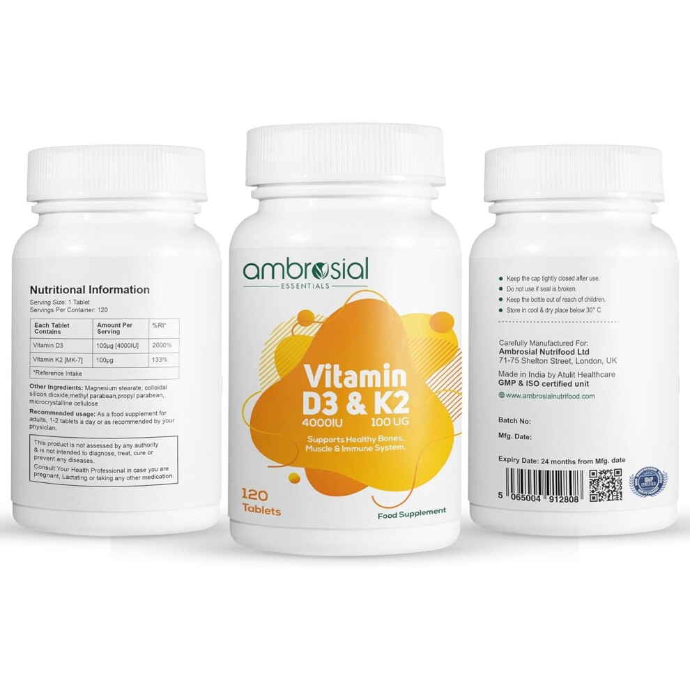 Ambrosial Vitamin D3 & K2 Tablets 4000IU - 120 Tablets